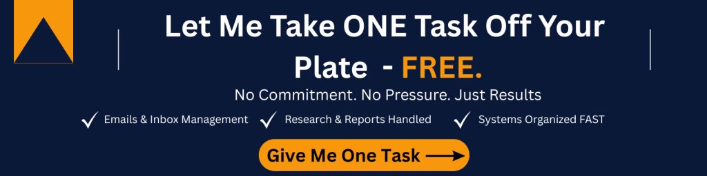Modern business banner for ClearDesk showing a clean, organized workspace with professional blue accents. Text overlay highlights virtual executive assistant and automation services available throughout the USA to help professionals reclaim their time.