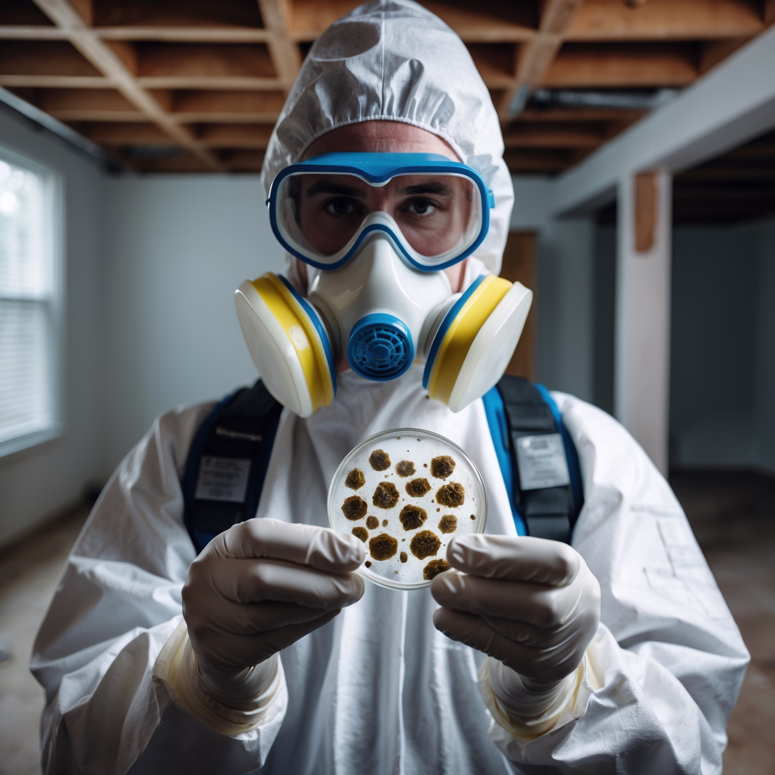 Certified mold remediation technician examining mold samples inside a Pittsburgh home basement.