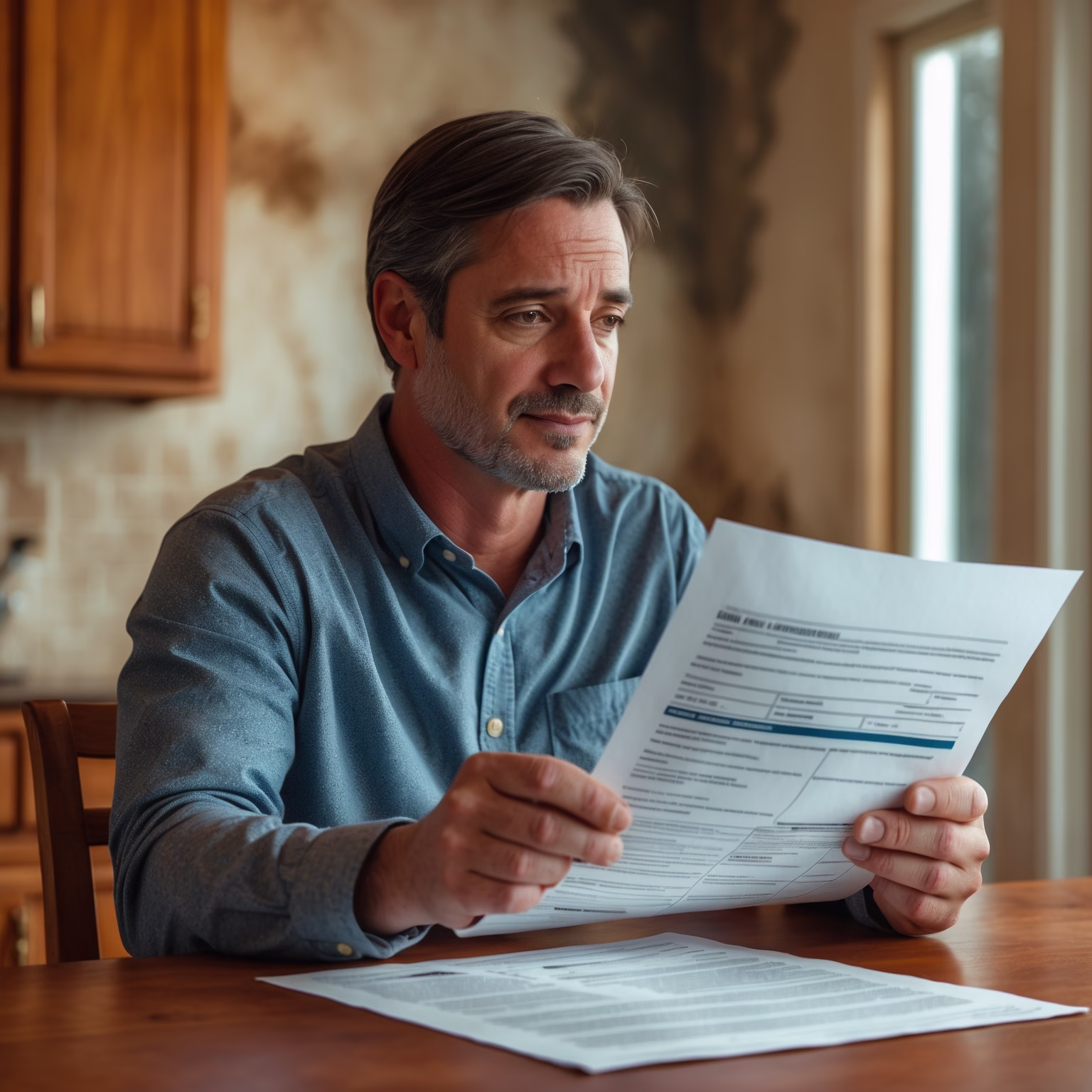Pennsylvania homeowner reviewing insurance policy for mold remediation coverage after water damage.
