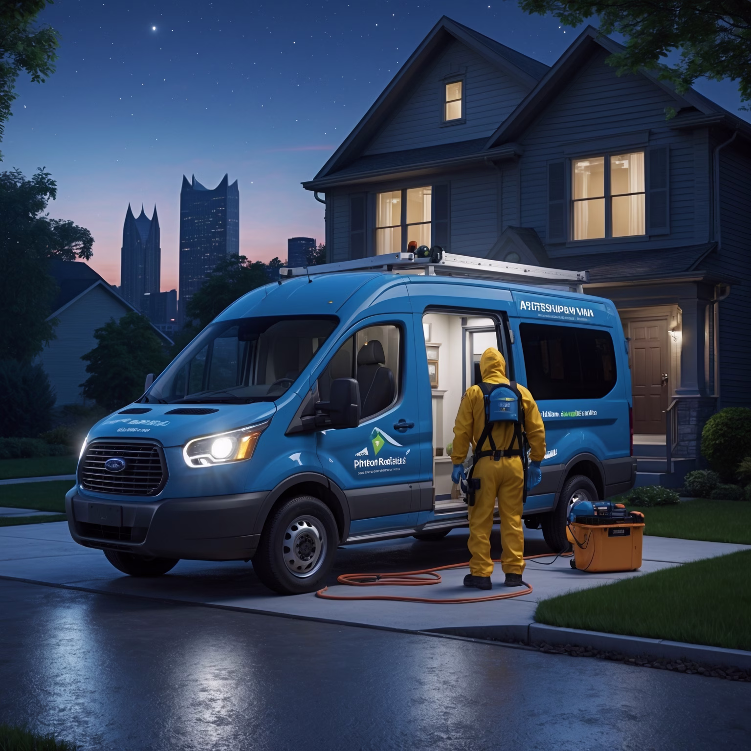 Emergency mold remediation technician arriving at a Pittsburgh home at night for urgent mold removal services.