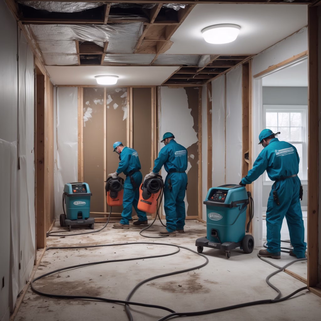 Mold remediation crew setting up containment barriers and air scrubbers inside a Pittsburgh residential home.