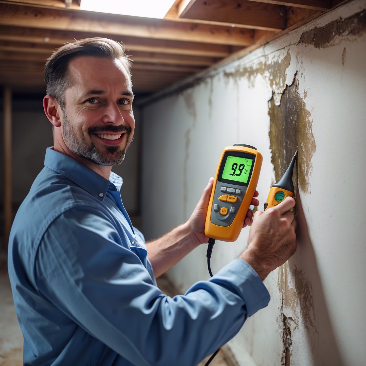 Professional mold inspector using a moisture meter during a free home mold inspection in Pittsburgh, PA.