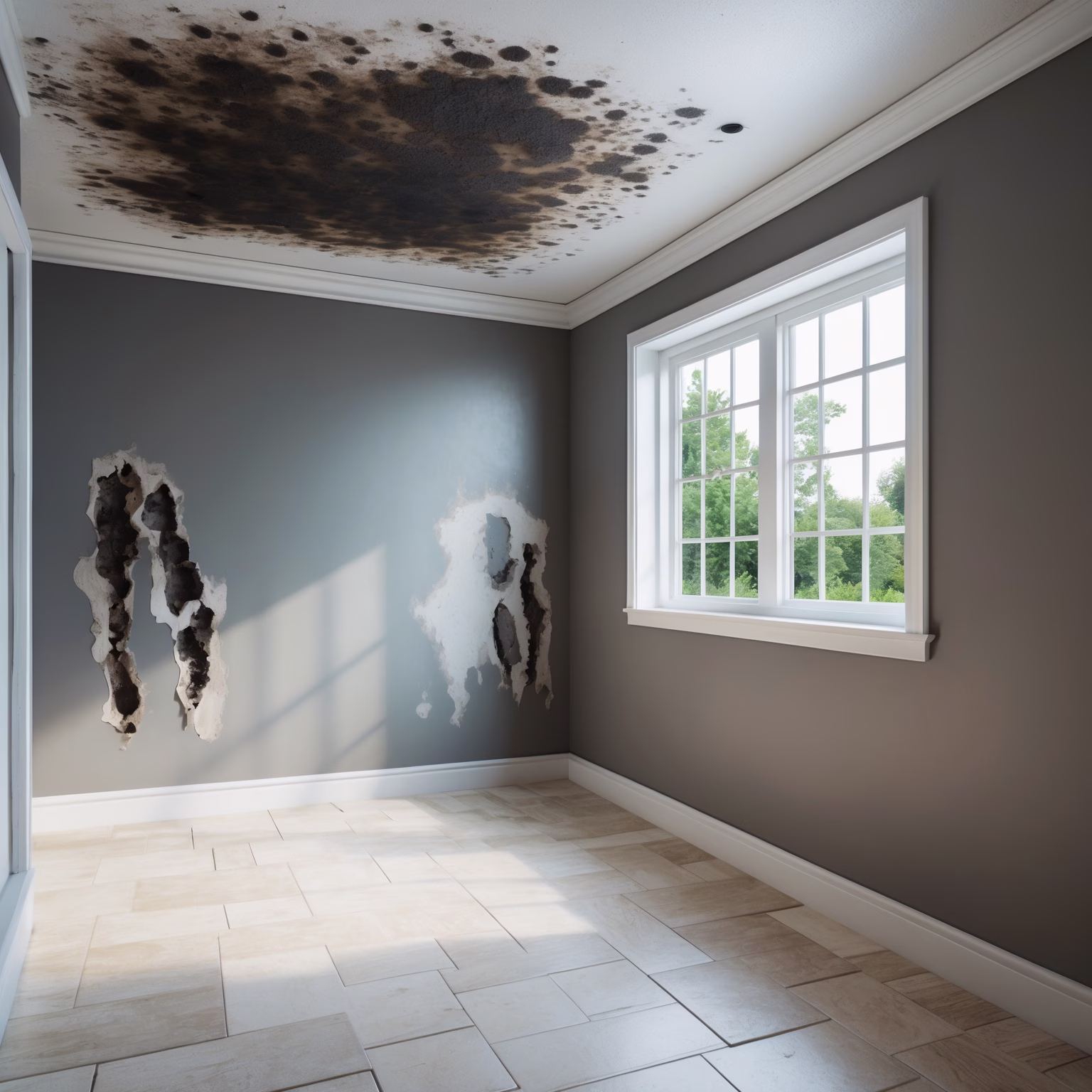 Common signs of mold in a home including ceiling stains, wall condensation, and peeling paint in a Pittsburgh residence.